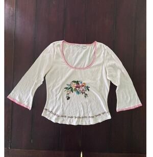 Paradox White Embroidered‎ Floral Long Sleeve Cotton Top Women's Large Cottage
